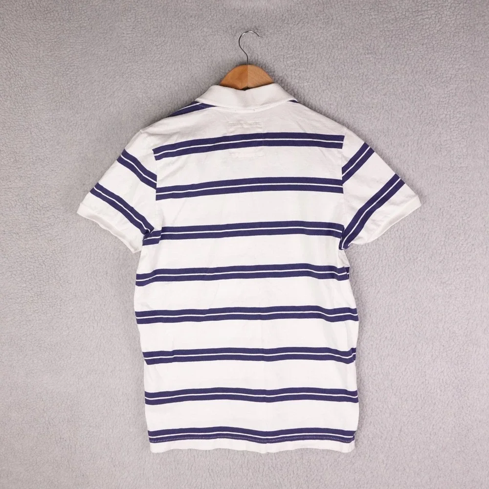 Hollister Mens XL White Navy Blue Striped Surfer Cut Short Sleeve Polo Shirt